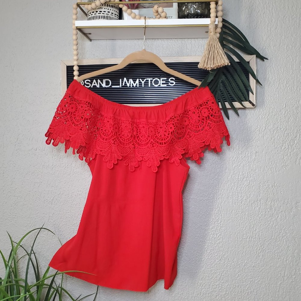 Tovia I Red Ladies Lace/Crochet Ruffled edge off shoulder blouse Size M